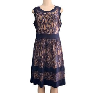 Candalite Fit and Flare Nude with Blue Lace Overlay Sleeveless Dress Large
